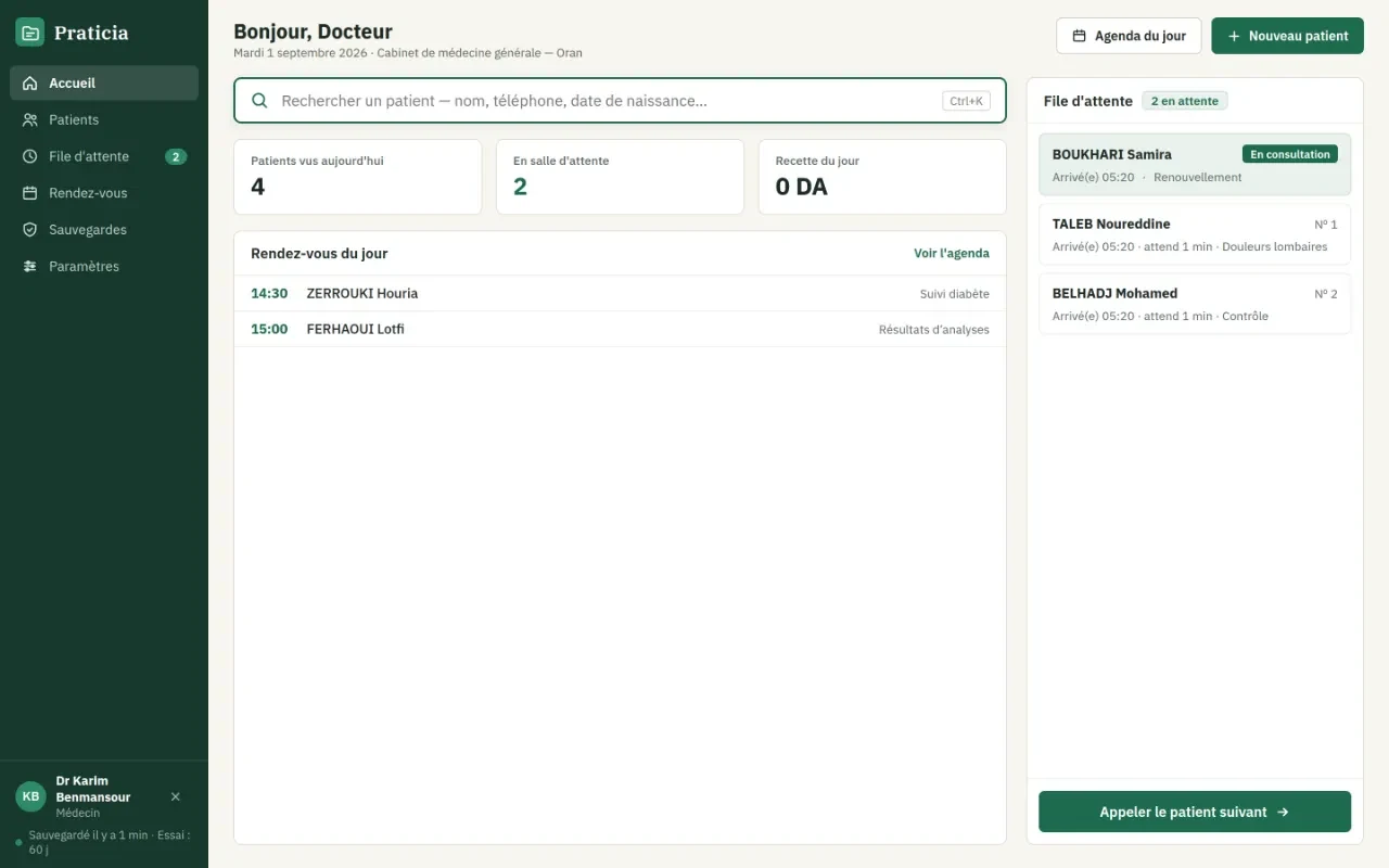 Écran d'accueil de Praticia : recherche de patient, file d'attente en direct et rendez-vous du jour