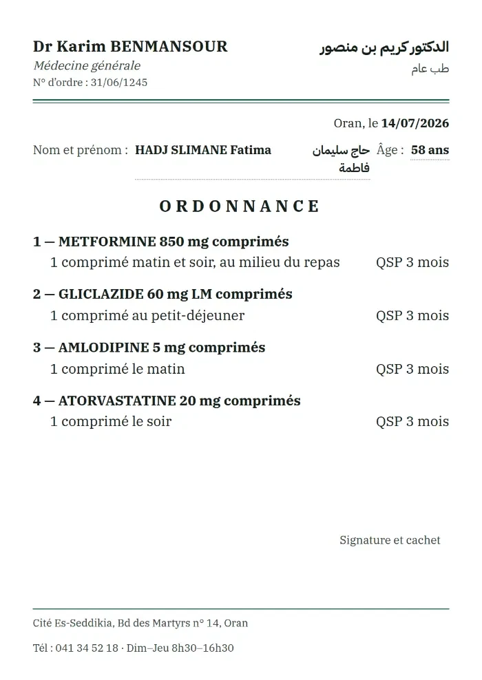 Ordonnance A5 imprimée par Praticia : en-tête bilingue, quatre médicaments avec posologie et durée, zone de signature